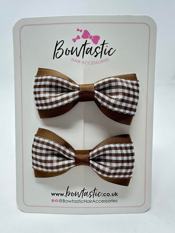 3 Inch Thin Tuxedo Bows - Brown Gingham - 2 Pack