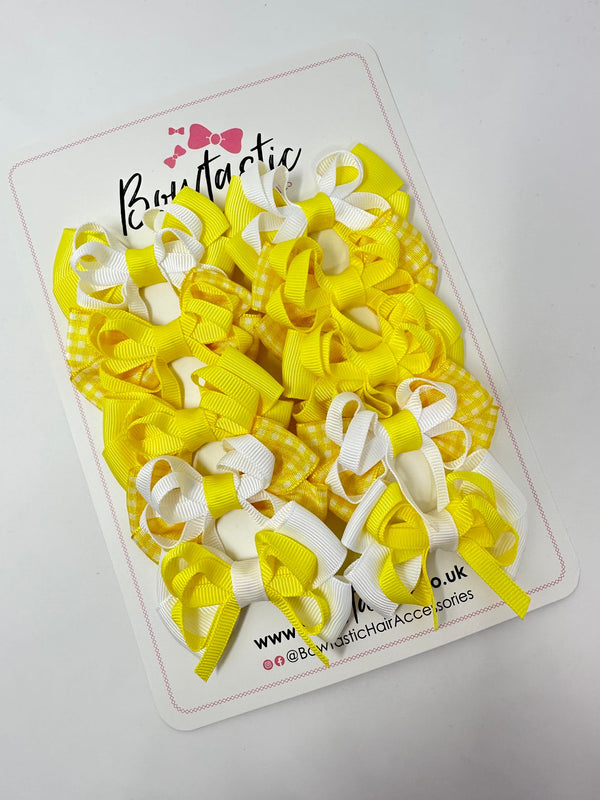 School Set - 2.5 Inch Bows - Yellow, Yellow Gingham & White - 10 Pack