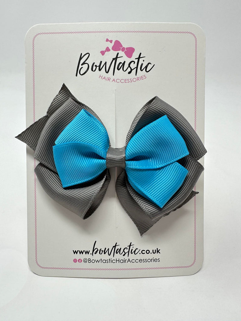 3.75 Inch Layered Bow - Turquoise & Metal Grey