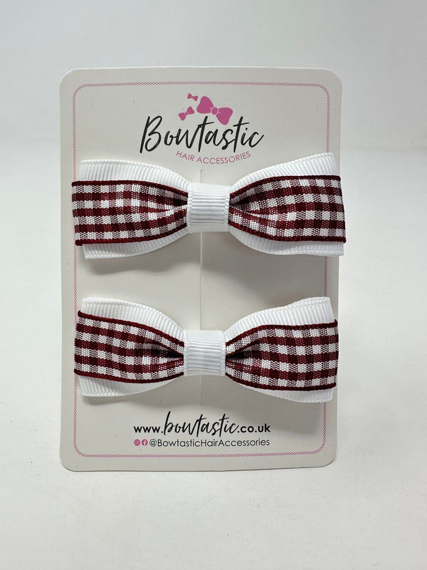 2.5 Inch Thin Tuxedo Bows - Burgundy & White Gingham - 2 Pack