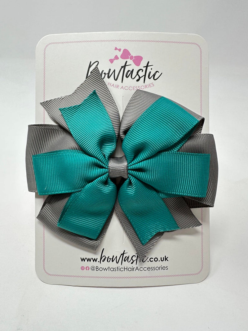 4 Inch Double Pinwheel Bow - Jade Green & Metal Grey