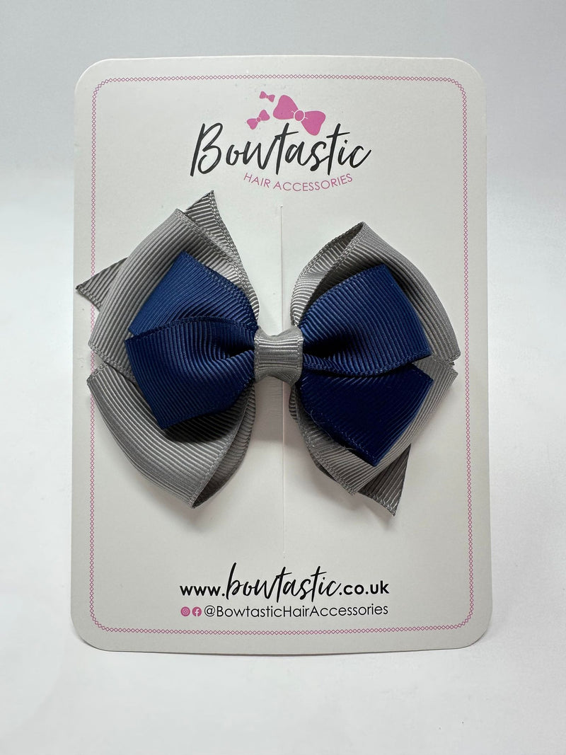 3.75 Inch Layered Bow - Navy & Metal Grey