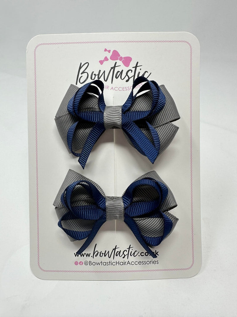 2.5 Inch Bows - Metal Grey & Navy - 2 Pack