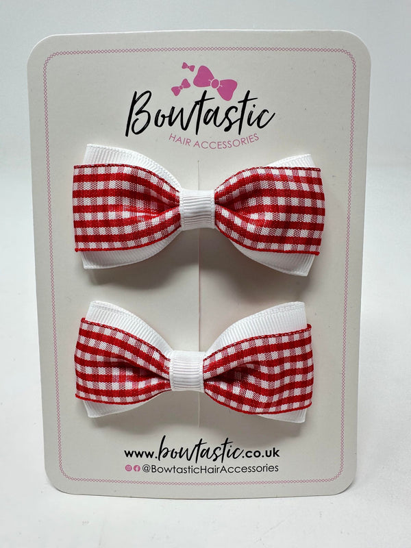3 Inch Thin Tuxedo Bows - Red & White Gingham - 2 Pack