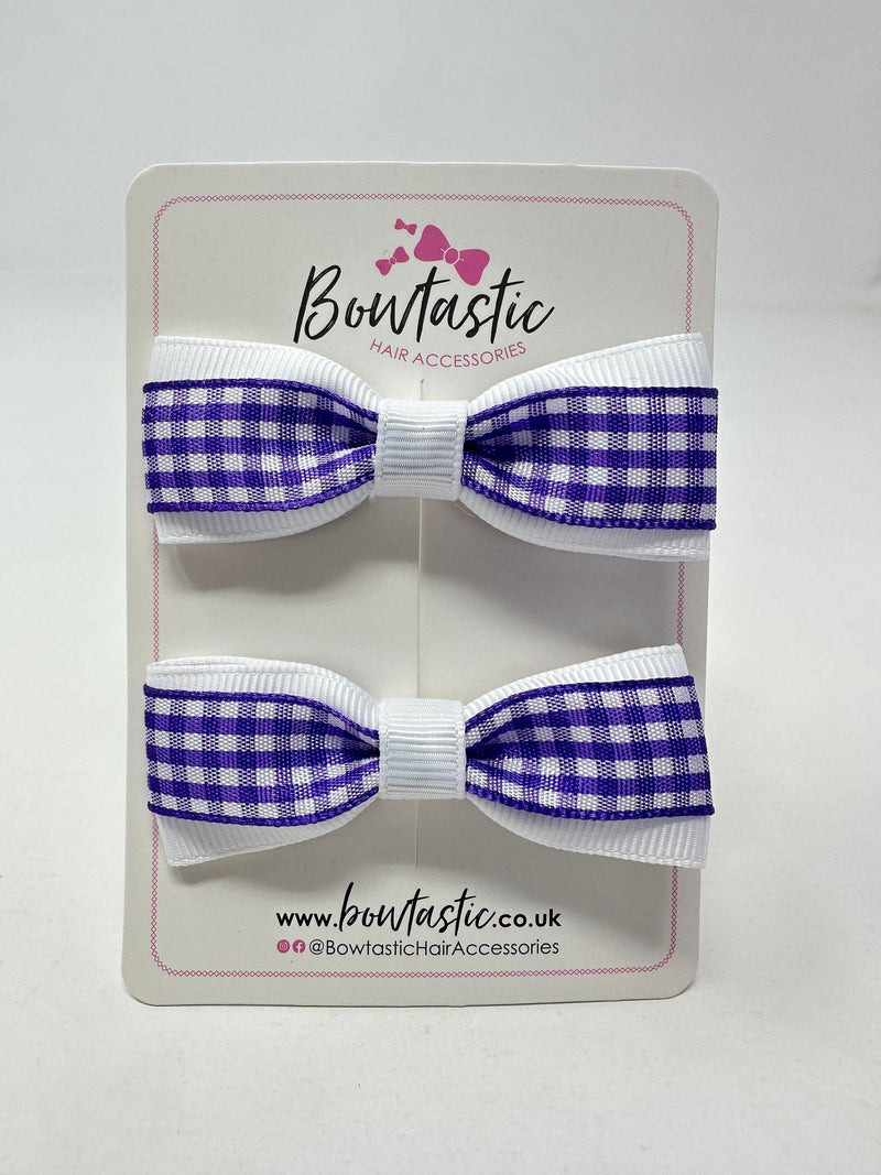 2.5 Inch Thin Tuxedo Bows - Purple & White Gingham - 2 Pack