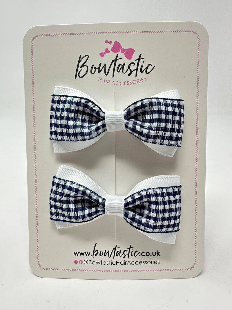 3 Inch Thin Tuxedo Bows - Navy & White Gingham - 2 Pack