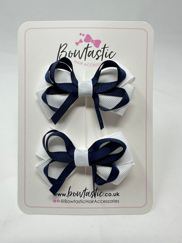 2.5 Inch Bows - White & Navy - 2 Pack