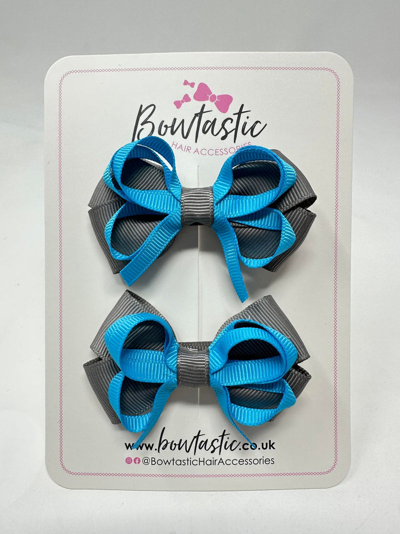 2.5 Inch Bows - Turquoise & Metal Grey - 2 Pack