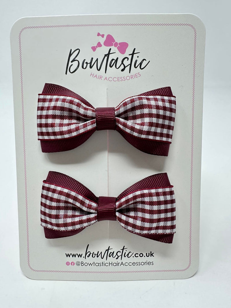 3 Inch Thin Tuxedo Bows - Burgundy Gingham - 2 Pack