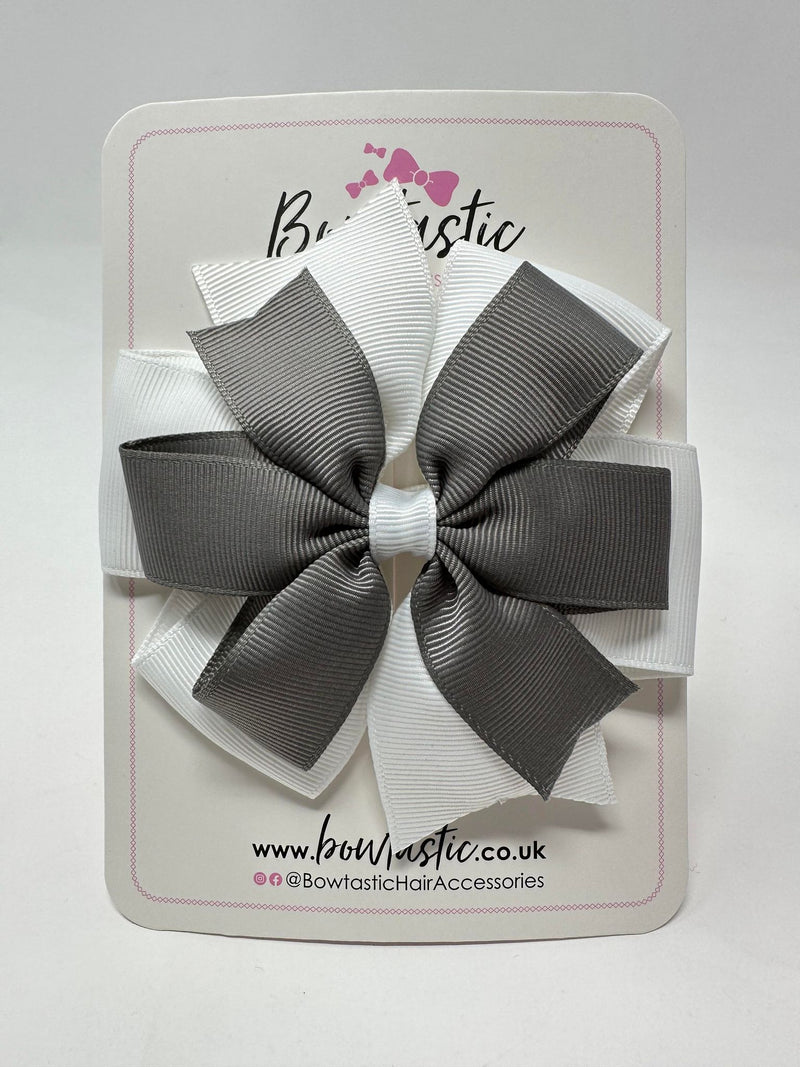 4 Inch Double Pinwheel Bow - Metal Grey & White