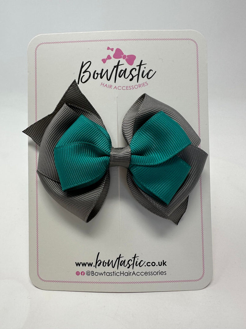 3.75 Inch Layered Bow - Jade Green & Metal Grey