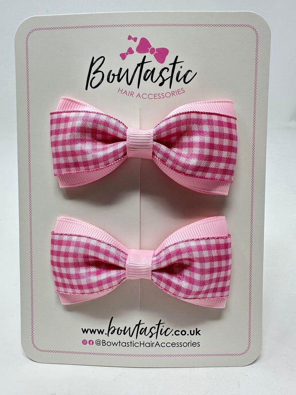 3 Inch Thin Tuxedo Bows - Pink Gingham - 2 Pack