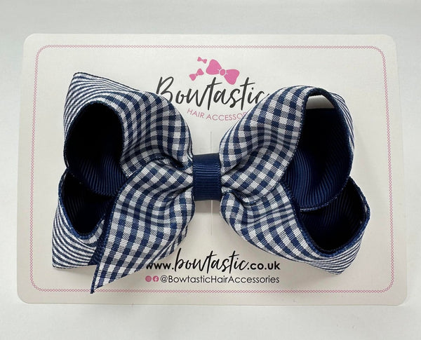 4 Inch Double Ribbon Bow - Navy & Navy Gingham