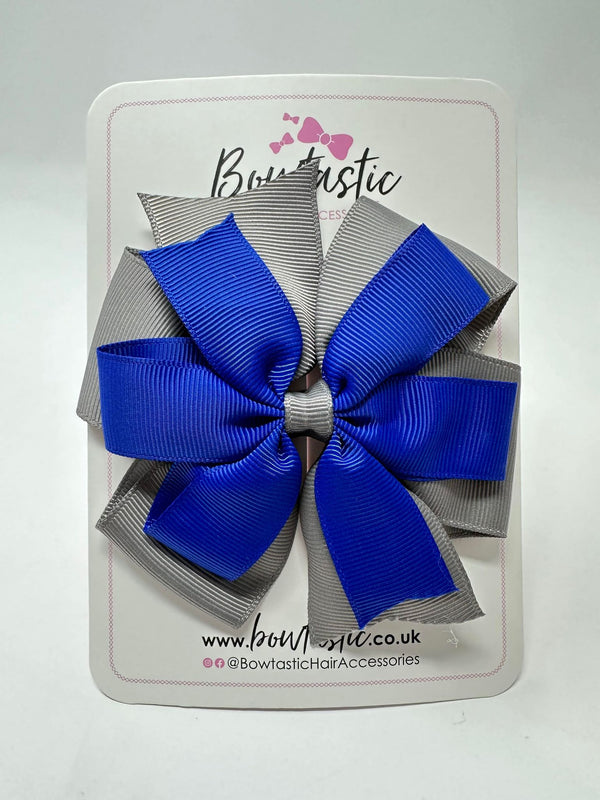 4 Inch Double Pinwheel Bow - Cobalt & Metal Grey