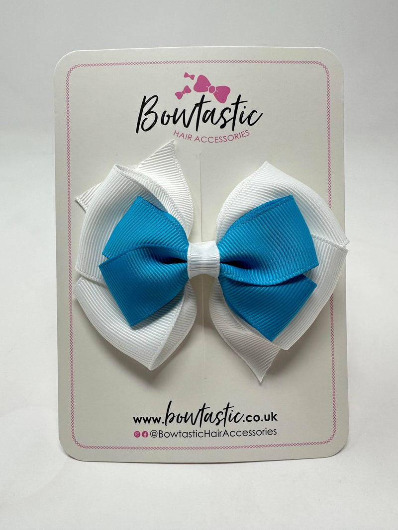 3.75 Inch Layered Bow - Turquoise & White