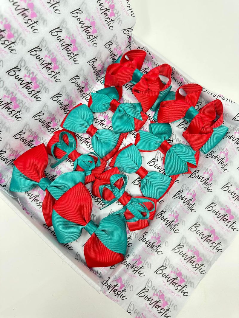 School Bundle - 3 Inch Bows - Jade Green & Red - 10 Pack