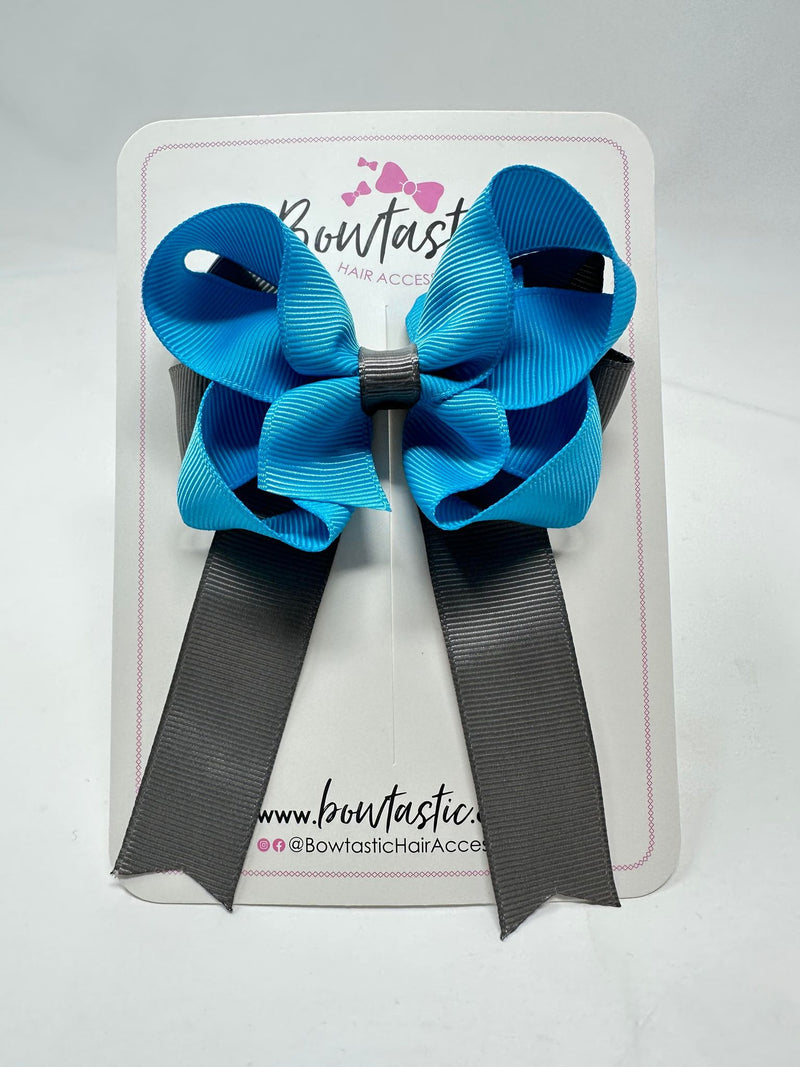 3.5 Inch Tail Bow - Turquoise & Metal Grey