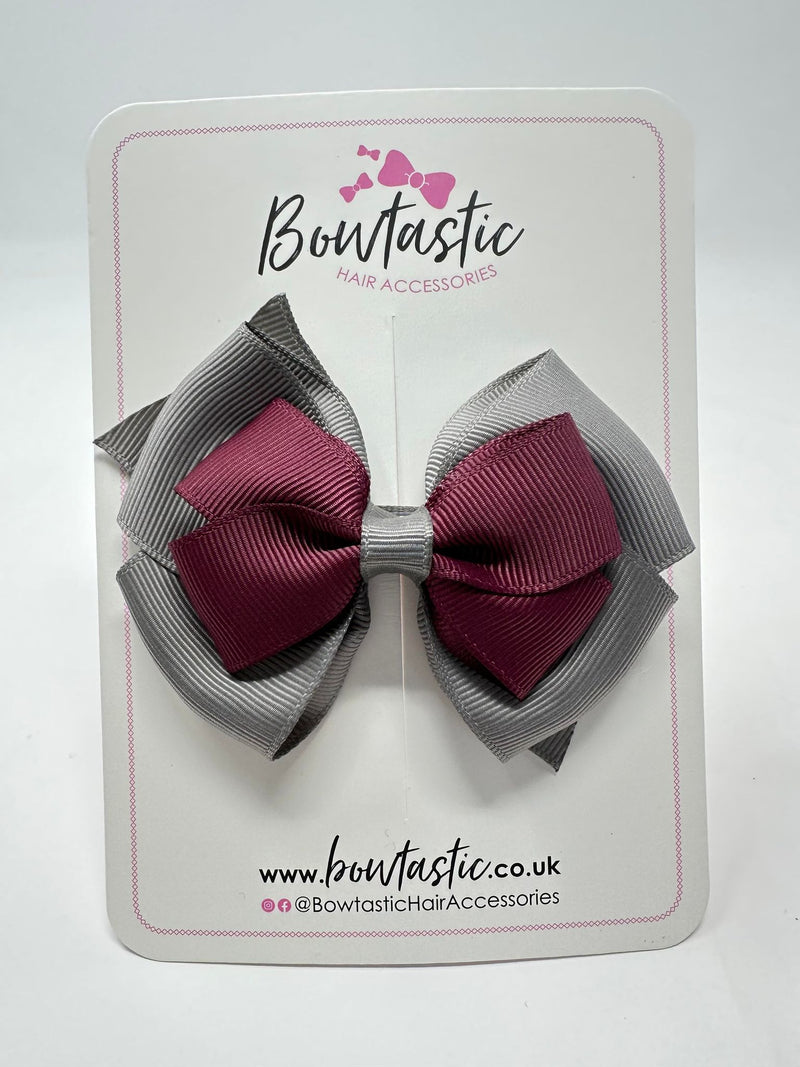 3.75 Inch Layered Bow - Burgundy & Metal Grey