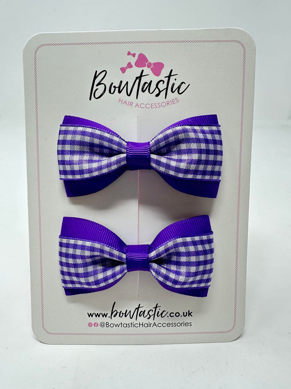 3 Inch Thin Tuxedo Bows - Purple Gingham - 2 Pack