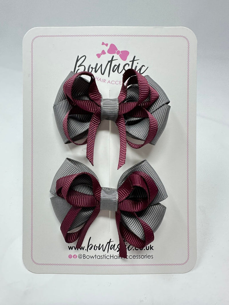 2.5 Inch Bows - Metal Grey & Burgundy - 2 Pack