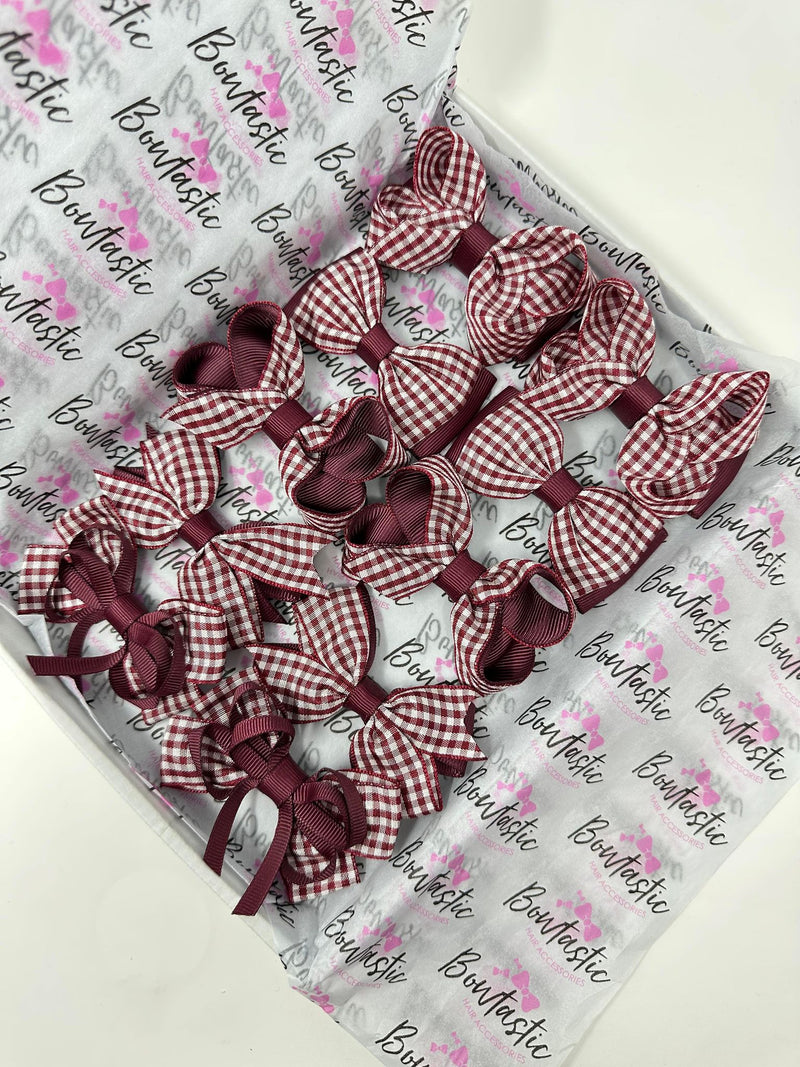 School Gingham Bundle - 3 Inch Bows - Burgundy Gingham - 10 Pack