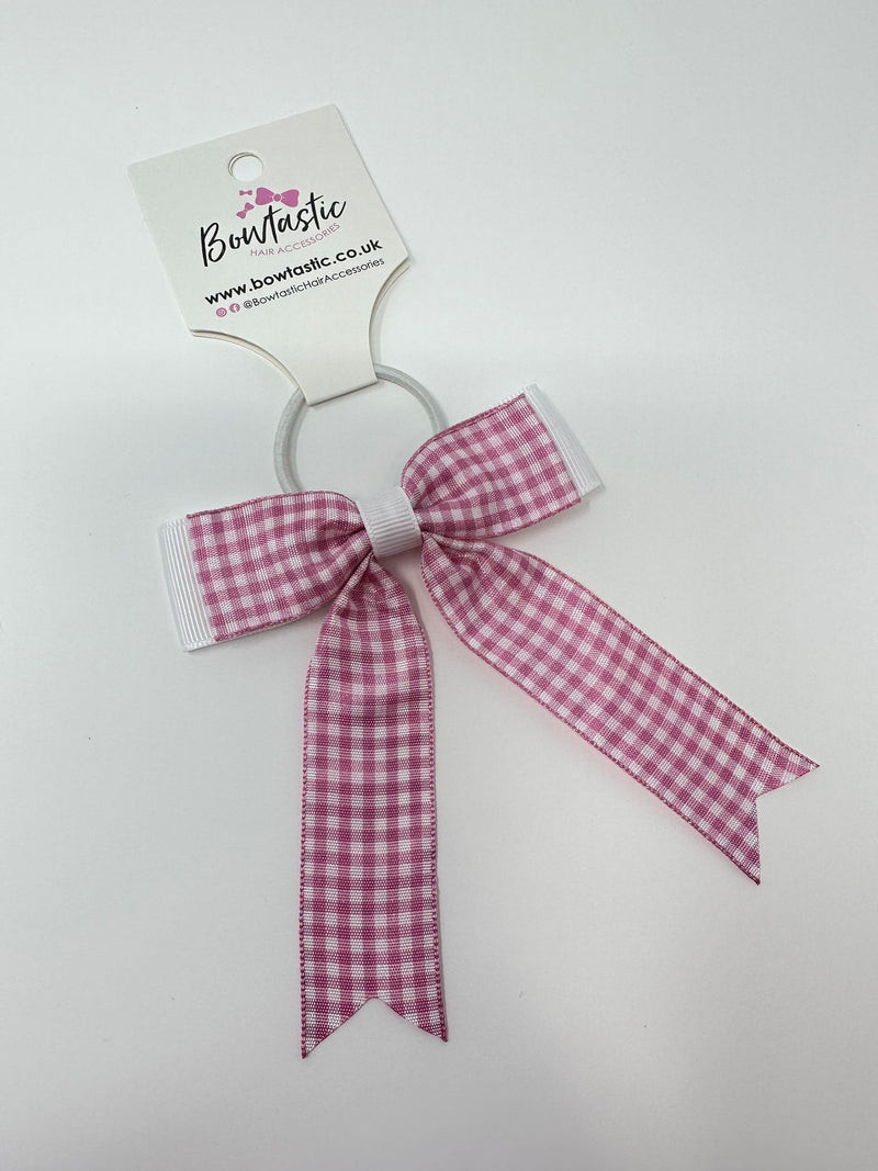 3.25 Inch Tail Bow Thin Elastic - Pink & White Gingham