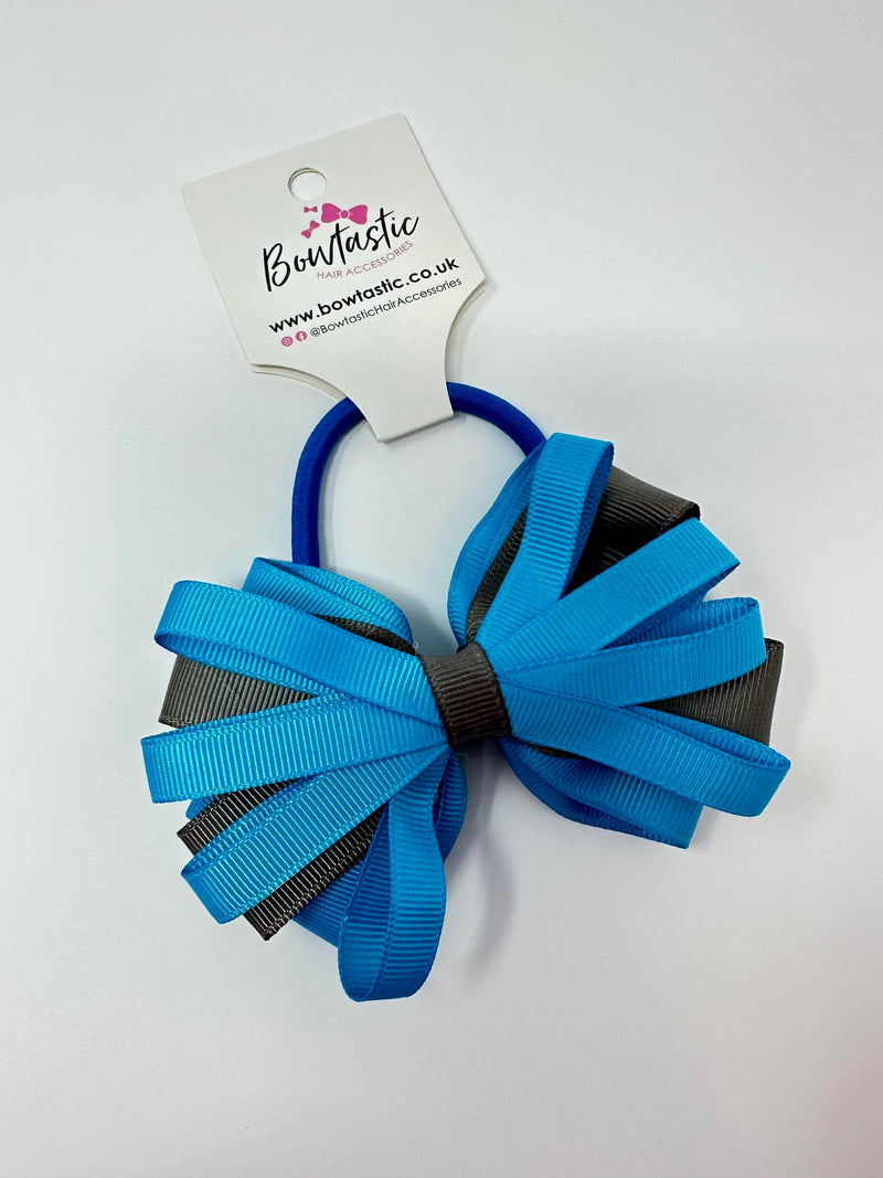 4 Inch Loop Bow Bobble - Turquoise & Metal Grey