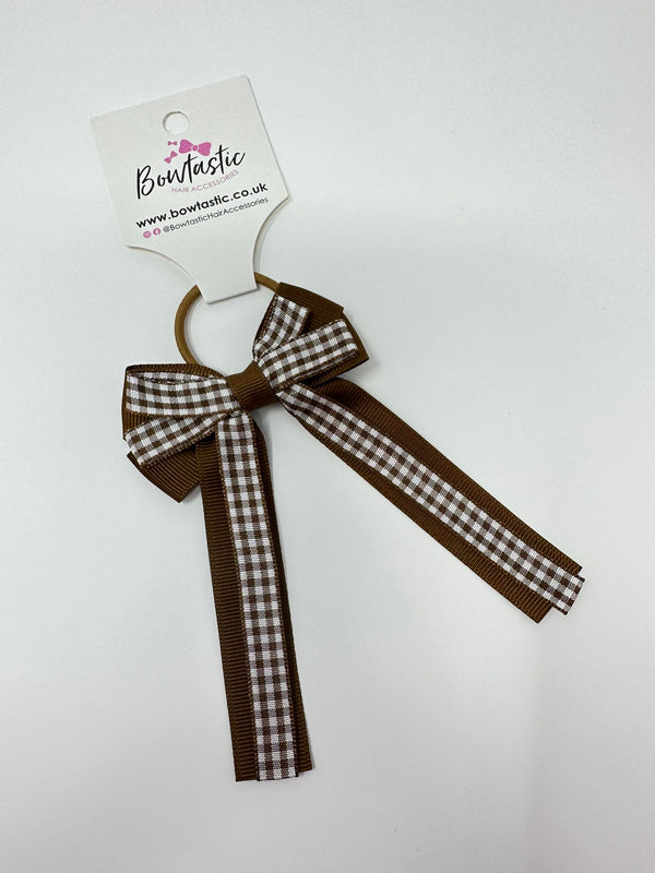 3 Inch Loop Tail Bow Thin Elastic - Brown Gingham
