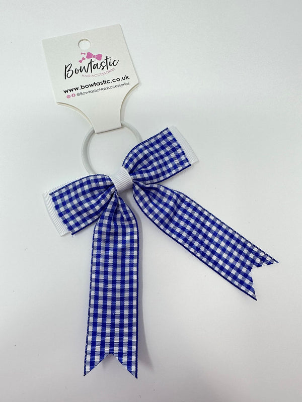 3.25 Inch Tail Bow Thin Elastic - Royal Blue & White Gingham