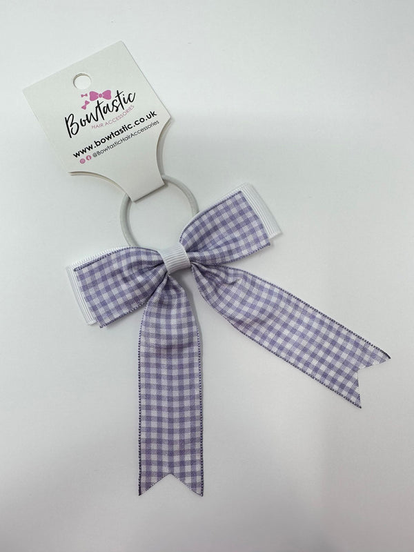 3.25 Inch Tail Bow Thin Elastic - Lilac & White Gingham