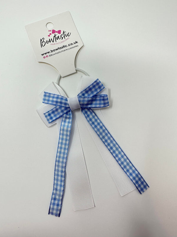 3 Inch Loop Tail Bow Thin Elastic - Blue & White Gingham