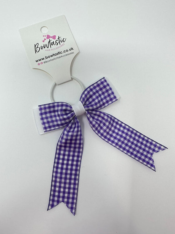 3.25 Inch Tail Bow Thin Elastic - Purple & White Gingham