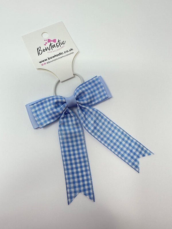 3.25 Inch Tail Bow Thin Elastic - Blue Gingham