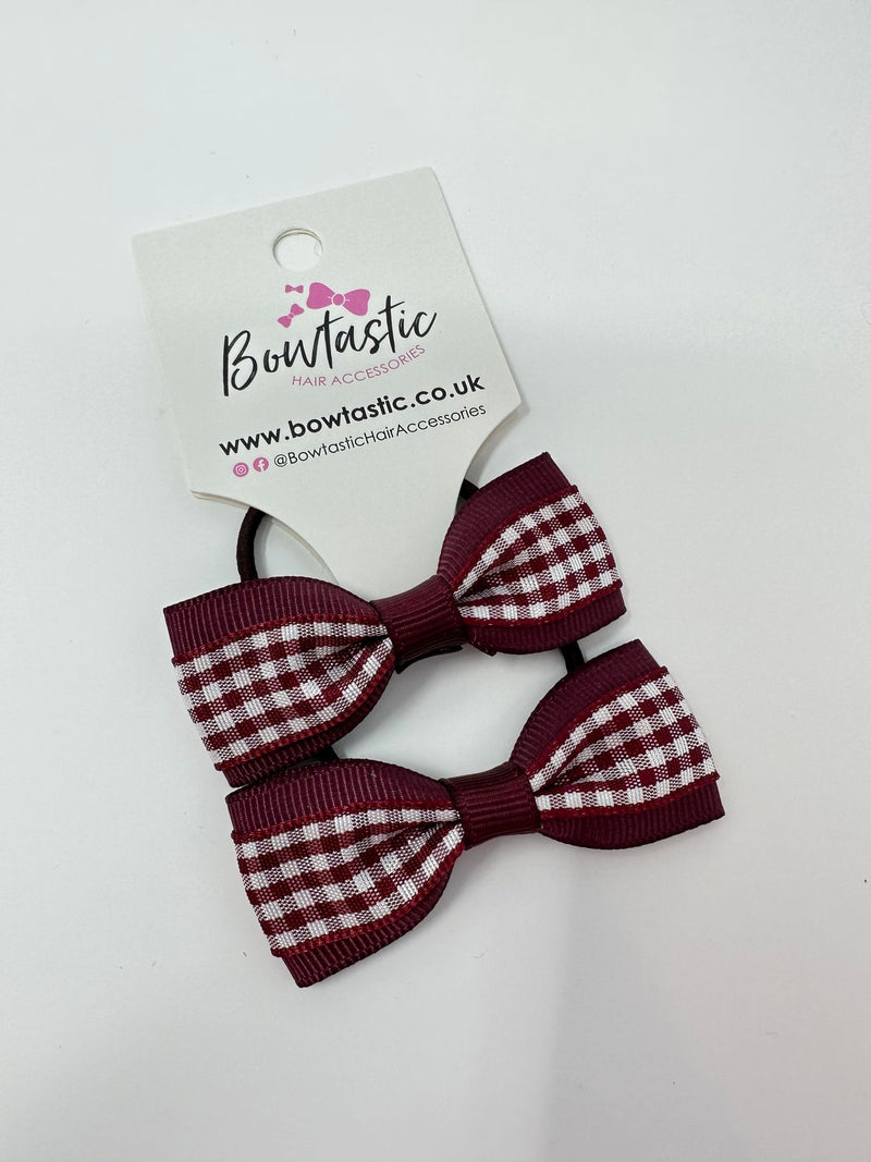 2.25 Inch Tuxedo Bow Thin Elastic - Burgundy Gingham - 2 Pack