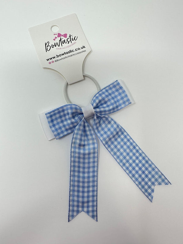 3.25 Inch Tail Bow Thin Elastic - Blue & White Gingham