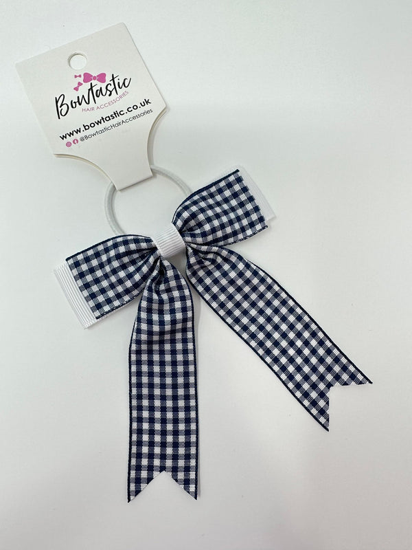 3.25 Inch Tail Bow Thin Elastic - Navy & White Gingham