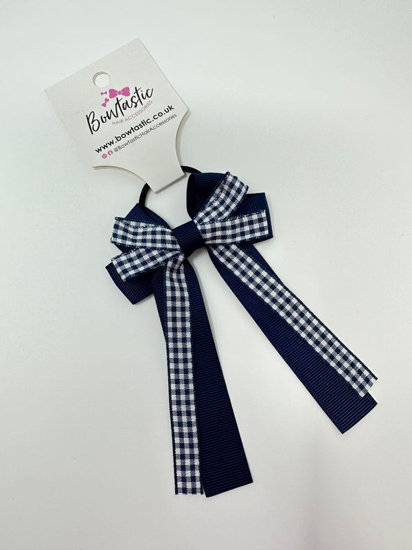 3 Inch Loop Tail Bow Thin Elastic - Navy Gingham