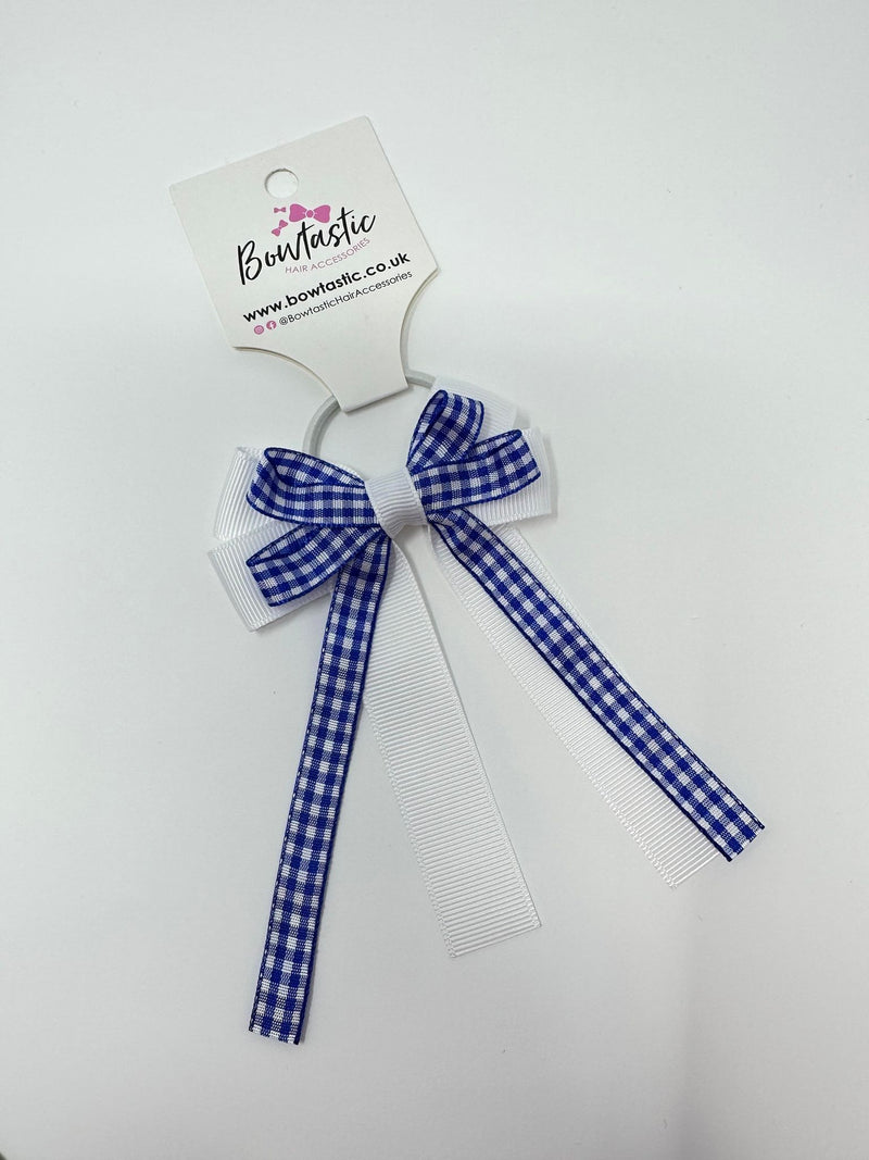 3 Inch Loop Tail Bow Thin Elastic - Royal Blue & White Gingham