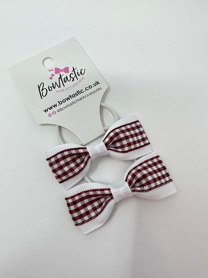 2.25 Inch Tuxedo Bow Thin Elastic - Burgundy & White Gingham - 2 Pack