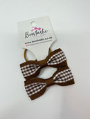 2.25 Inch Tuxedo Bow Thin Elastic - Turftan & Brown Gingham - 2 Pack