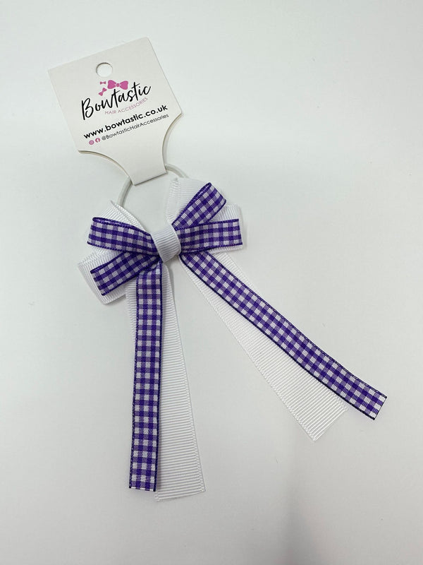 3 Inch Loop Tail Bow Thin Elastic - Purple & White Gingham