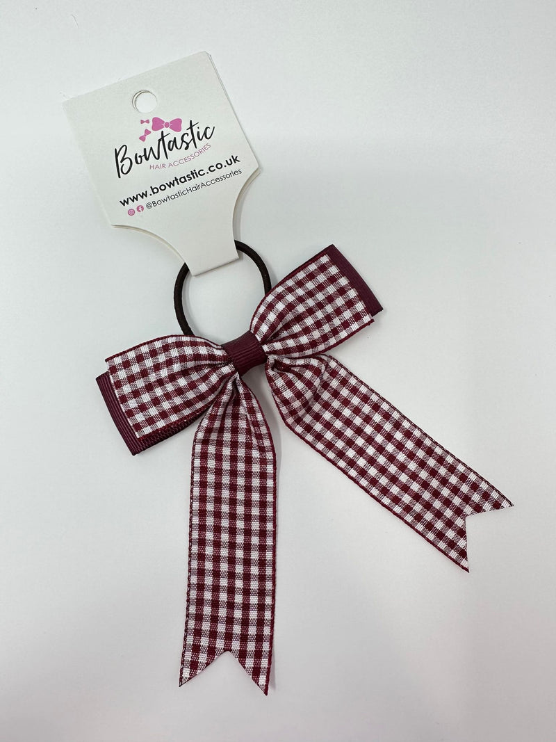 3.25 Inch Tail Bow Thin Elastic - Burgundy Gingham