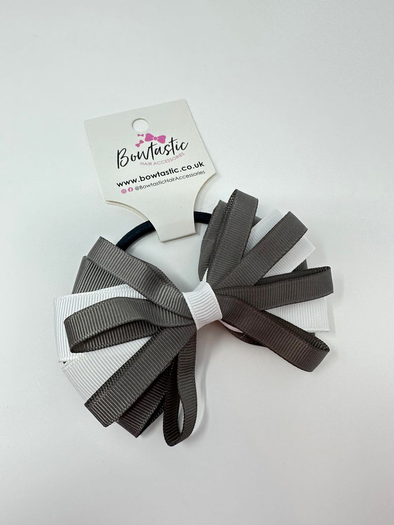 4 Inch Loop Bow Bobble - Metal Grey & White