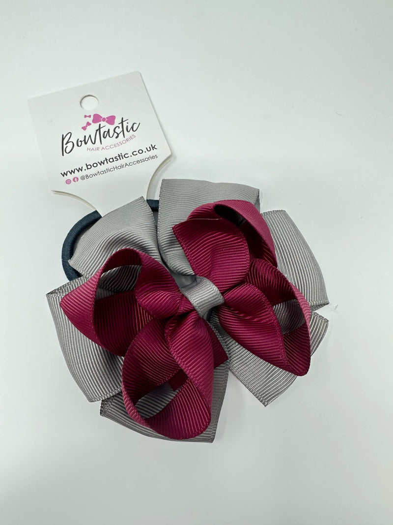 3.75 Inch Double Bow Bobble - Wine & Metal Grey