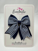 3 Inch Flat 2 Layer Tail Bow Thin Elastic - Navy Gingham