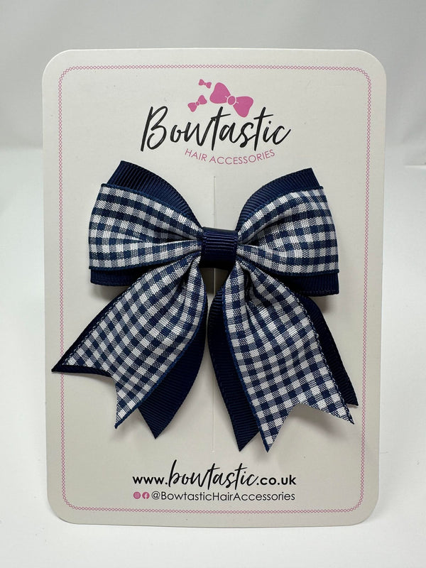3 Inch Flat 2 Layer Tail Bow - Navy Gingham