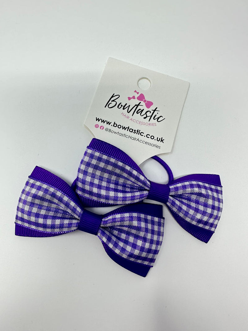 3 Inch Tuxedo Bow Thin Elastic - Purple Gingham - 2 Pack