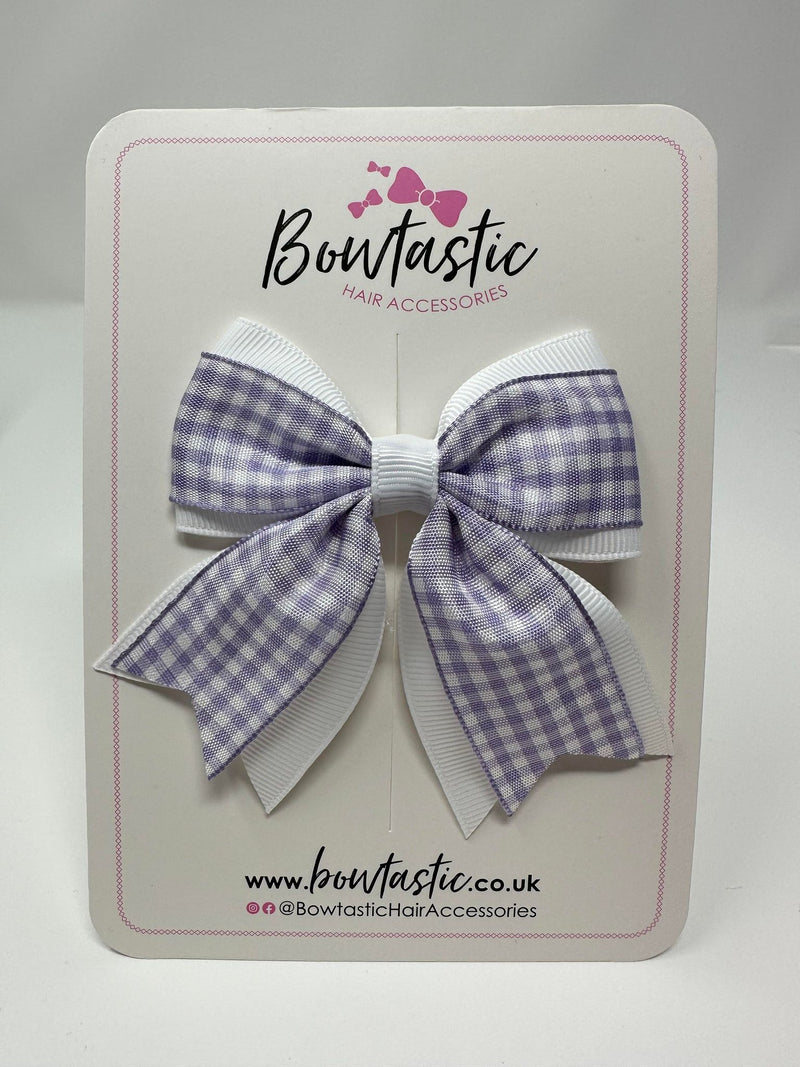 3 Inch Flat 2 Layer Tail Bow - Lilac & White Gingham