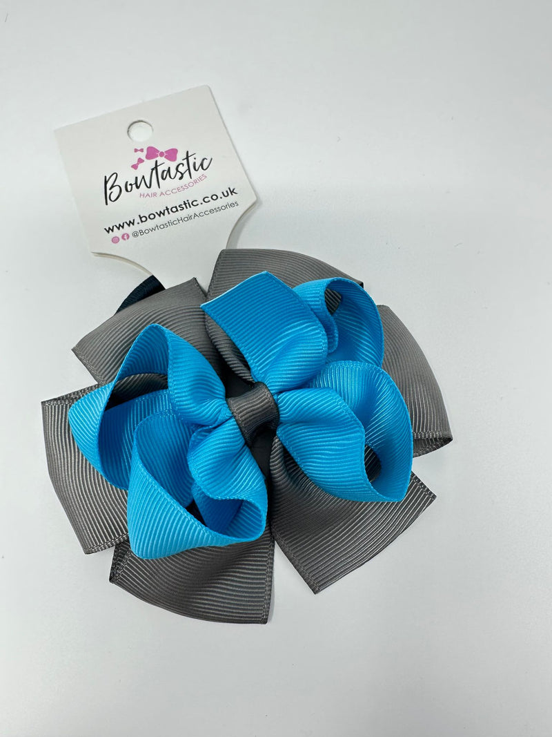 3.75 Inch Double Bow Bobble - Turquoise & Metal Grey