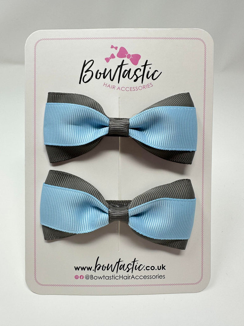 3 Inch Thin Tuxedo Bows - Blue Topaz & Metal Grey - 2 Pack